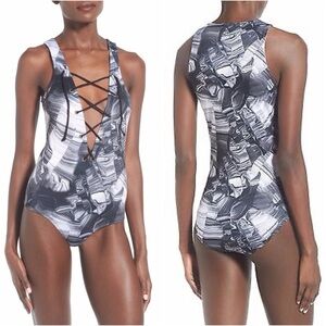 MADISON & BERKELEY - Marble Print, Lace-up Bodysuit with snaps at gusset. Large